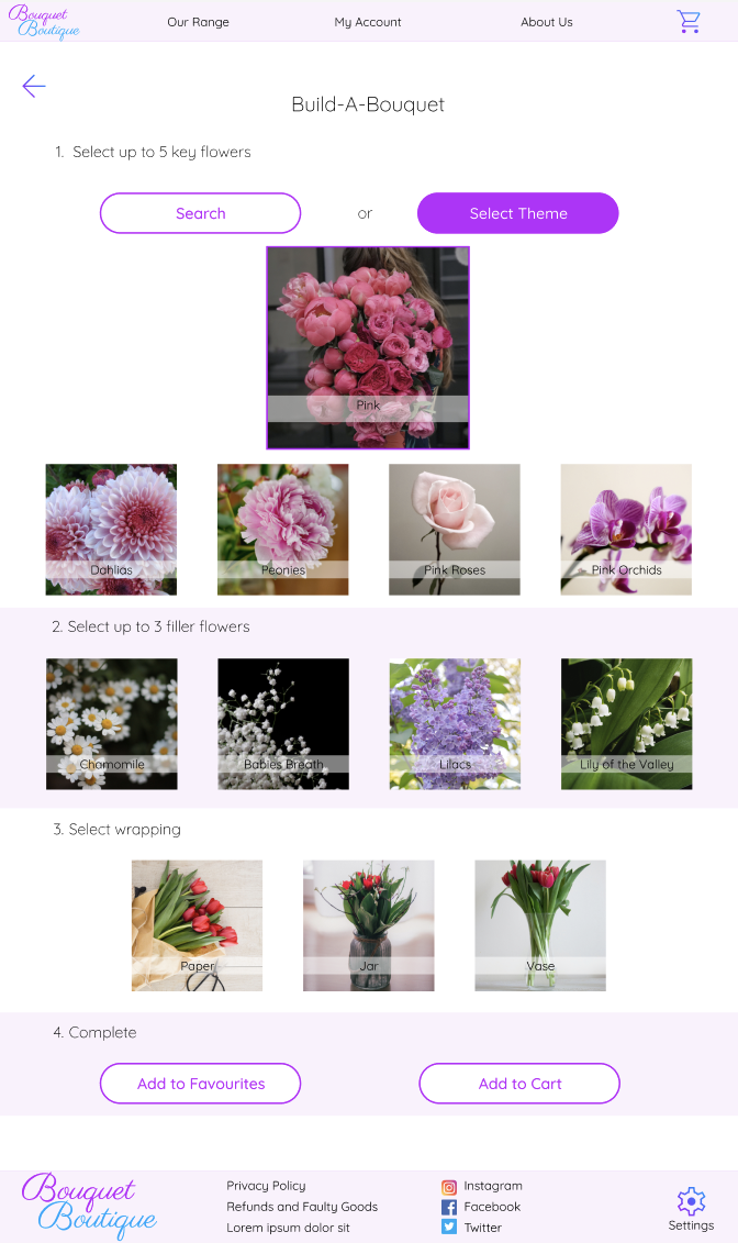 'Bouquet Boutique' - build-a-bouquet theme selected page - mockup