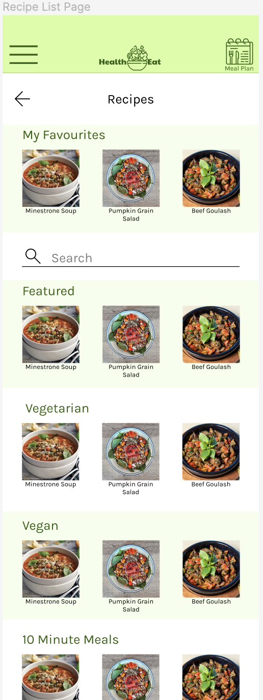 HealthEat - recipe list page - mockup - version 1