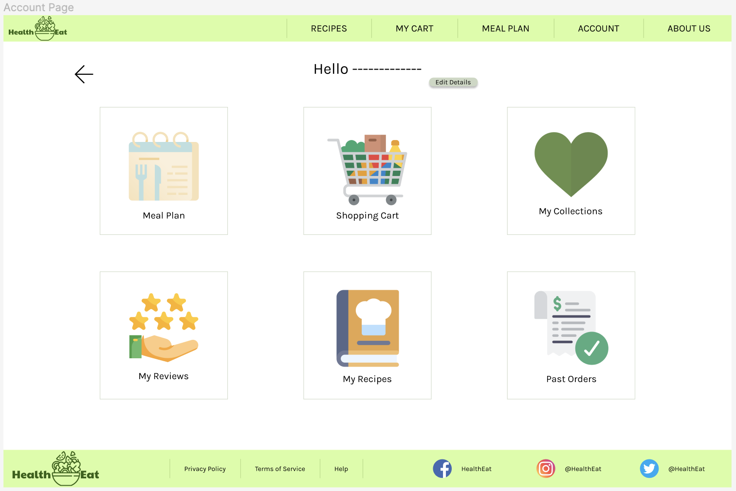 HealthEat - Account page - mockup - version 2 - desktop