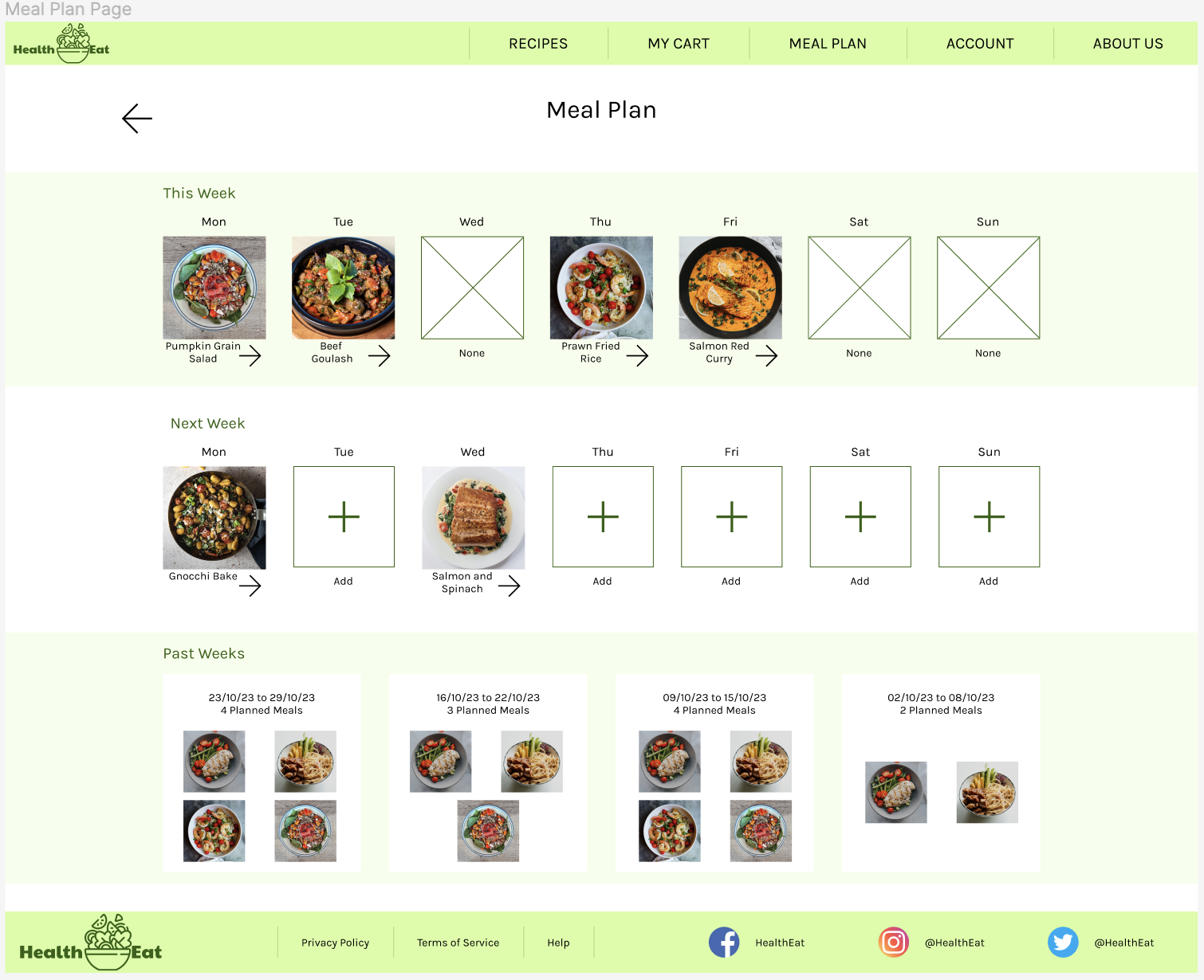 HealthEat - meal plan page - mockup - version 2 - desktop