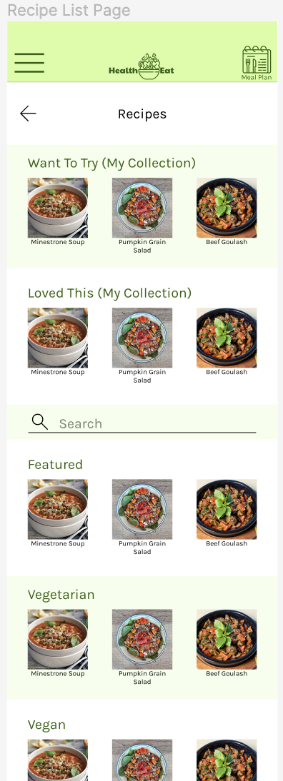 HealthEat - recipe list page - mockup - version 2