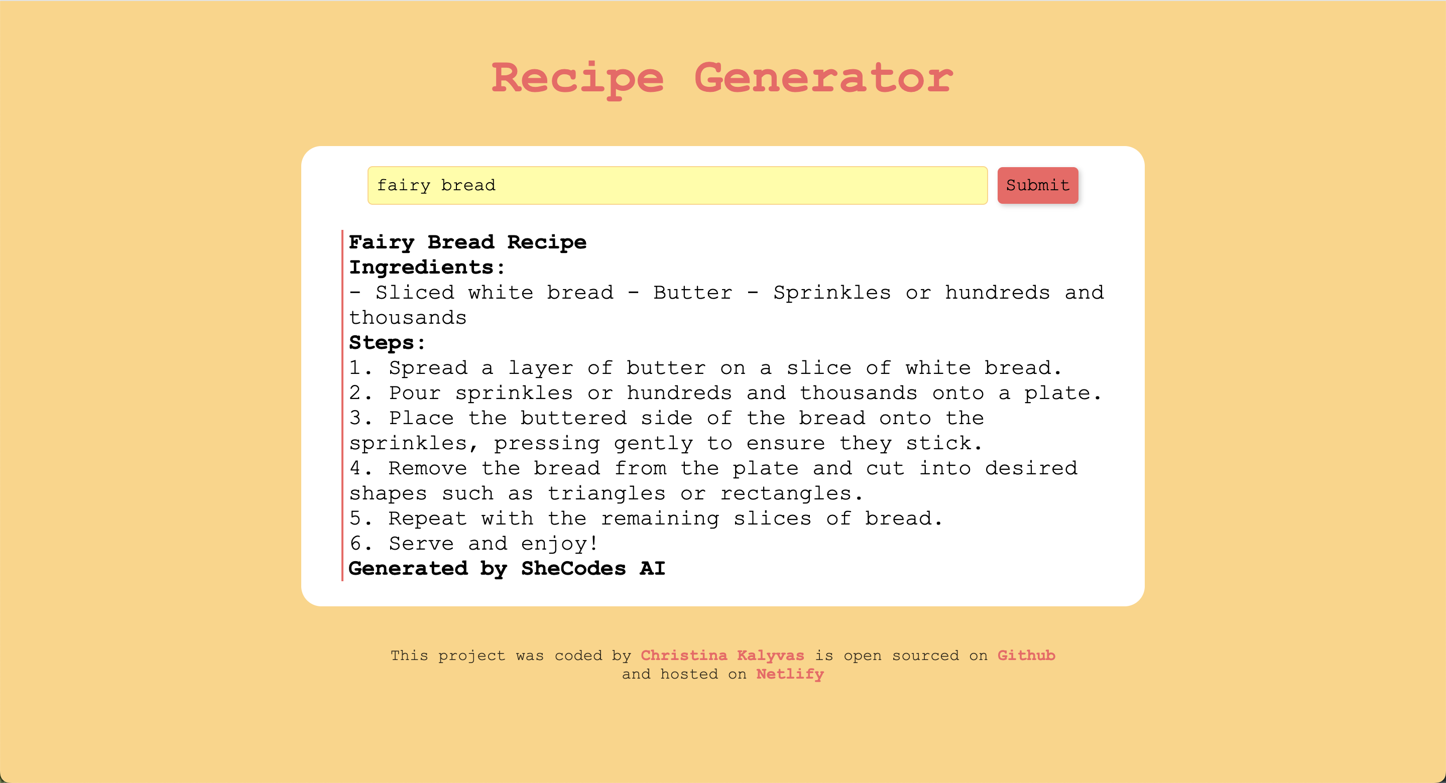 Screenshot of Recipe Generator